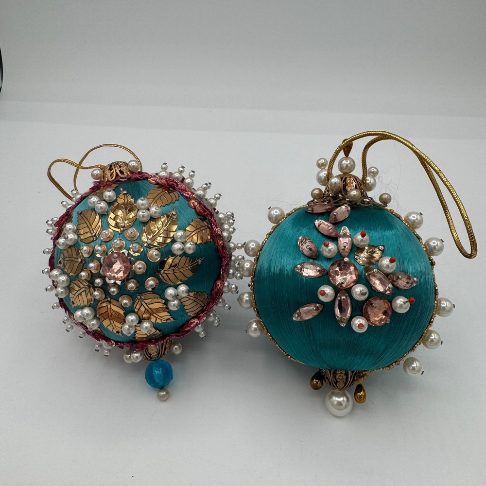 Vintage Teal Satin Beaded Christmas Ornaments Faux Pearl Gold Leaf Set of 2